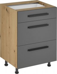 Spodní kuchyňská skříňka LANGEN D60S3 se šuplíky, dub artisan/šedý mat, s úchytkami