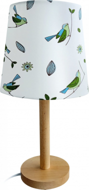 Stolní lampa, dřevo / látka vzor ptáci, QENNY TYP 7