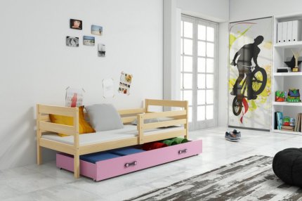 Dětská postel Norbert 90x200 s úložným prostorem, borovice/růžová