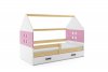 Dětská postel Dominik 80x160 s úložným prostorem, domeček, borovice/růžová/bílá