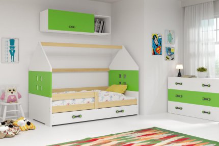 Dětská postel Dominik 80x160 s úložným prostorem, domeček, borovice/zelená/bílá