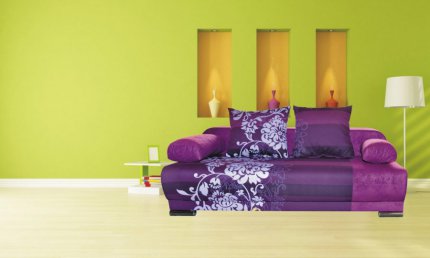 Rozkládací pohovka Futon, s úložným prostorem, fialový květ