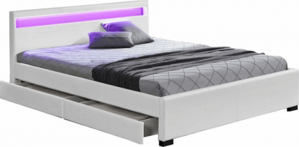 Čalouněná postel CLARETA 180x200, s úložným prostorem a RGB LED osvětlením, bílá