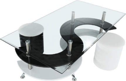 Konferenční stolek RUPERT s taburetem, bílá/černá lesk