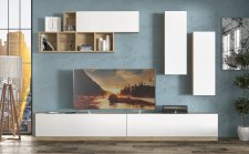 Obývací stěna, sestava VISALIA (2x skříňka závěs, 2x TV stolek, police, police s dvířky) dub artisan/bílá