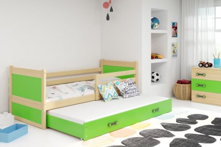 Dětská postel Riky II 90x200 s přistýlkou, borovice/zelená