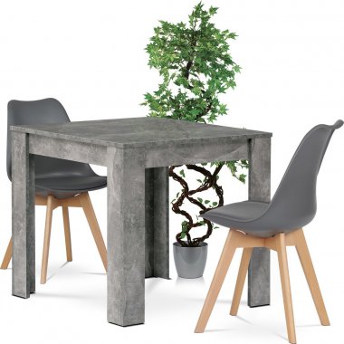 Jídelní set 1+2, stůl 80x80 cm, MDF, dekor beton, židle šedý plast, šedá ekokůže, nohy masiv buk, přírodní odstín CERES