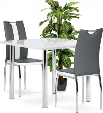 Jídelní set 1+2, stůl 90x90 cm, bílý vysoký lesk, kov - chrom, židle potah šedá a bílá ekokůže, kov - chrom TITAN