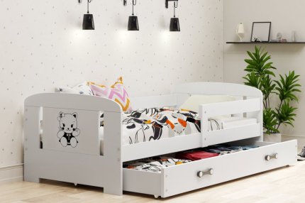 Dětská postel Bruno 80x160 s úložným prostorem, bílá/kočička