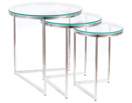 Kulatý konferenční stolek TRINITY set 3 kusů,  stříbrná/sklo