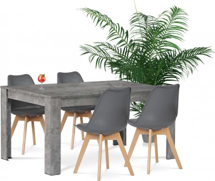 Jídelní set 1+4, stůl 160x90 cm, MDF, dekor beton, židle šedý plast, šedá ekokůže, nohy masiv buk, přírodní odstín URAN