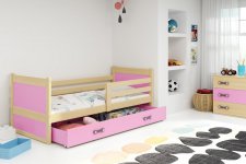 Dětská postel Riky 90x200 s úložným prostorem, borovice/růžová