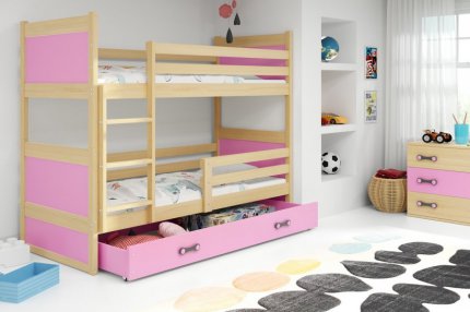 Patrová postel Riky s úložným prostorem, borovice/růžová