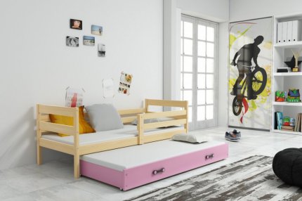 Dětská postel Norbert II 90x200 s přistýlkou, borovice/růžová