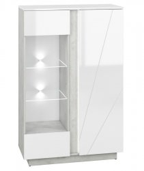 Vitrína RUBENS s LED sovětlením, nízká, beton šedý/bílá lesk