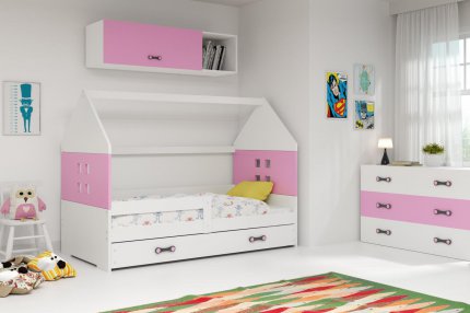 Dětská postel Dominik 80x160 s úložným prostorem, domeček, bílá/růžová