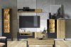 Obývací stěna, sestava LAKO LITE SET 1 s LED osvětlením, (2x vitrína, tv stolek, police), dub evoke/černá