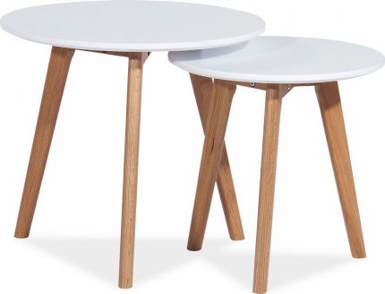 Kulatý konferenční stolek MILAN S2, set 2 kusů, bílá/dub