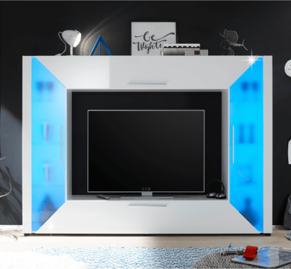 Televizní stěna, sestava EDGE s osvětlením, bílá vysoký lesk