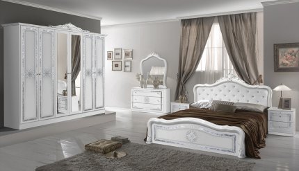 Ložnice OSIMO bílá/stříbrná (šatní skříň, postel 160, komoda, 2x noční stolky, zrcadlo)