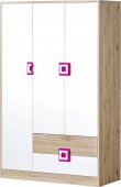 Dětská šatní skříň NIKO 3, 3-dveřová, dub jasný/bílá/růžová