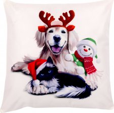 Polštář s výplní, samet. Vánoční motiv, pes, kočka a sněhulák. 45x45 cm. UBR076-1