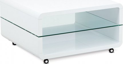 Konferenční stolek AHG-615 WT, pojízdný, v 40 cm, bílá lesk/sklo