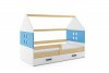 Dětská postel Dominik 80x160 s úložným prostorem, domeček, borovice/modrá/bílá